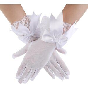 Women's Evening White Short Bow Lace Gloves Mitten Party Costume Accessories
